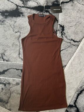 PrettyLittleThing Ribbed Sleeveless Dress in Rust Brown